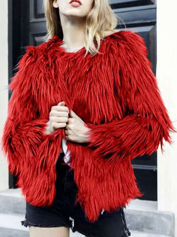 Women Shaggy Faux Fur Coat Solid Color Long Sleeve Short Jacket