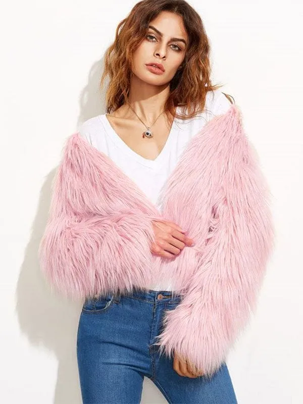 Women Shaggy Faux Fur Coat Solid Color Long Sleeve Short Jacket