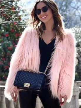 Women Shaggy Faux Fur Coat Solid Color Long Sleeve Short Jacket