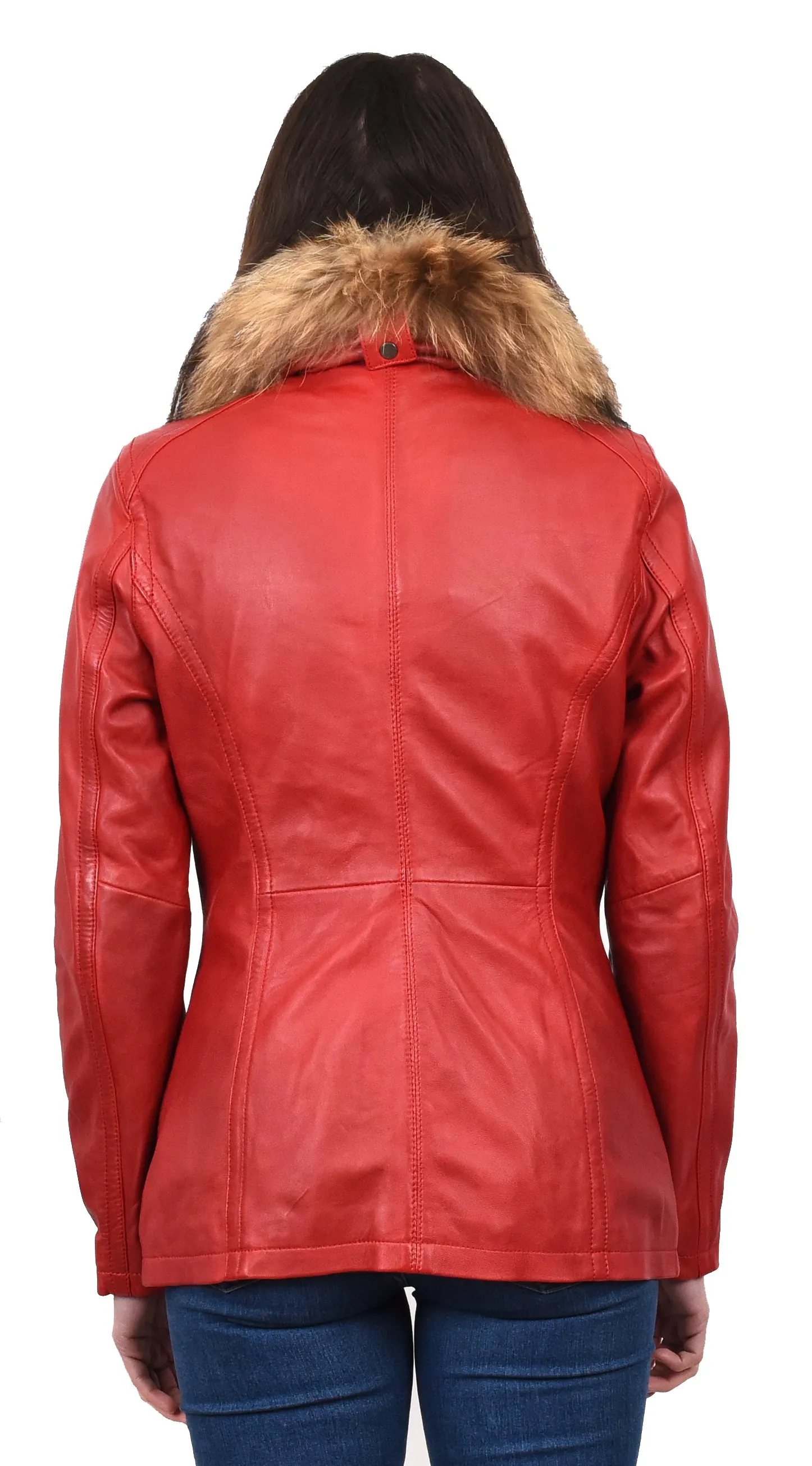 Women's Leather Jacket with Detachable Collar Red Allis